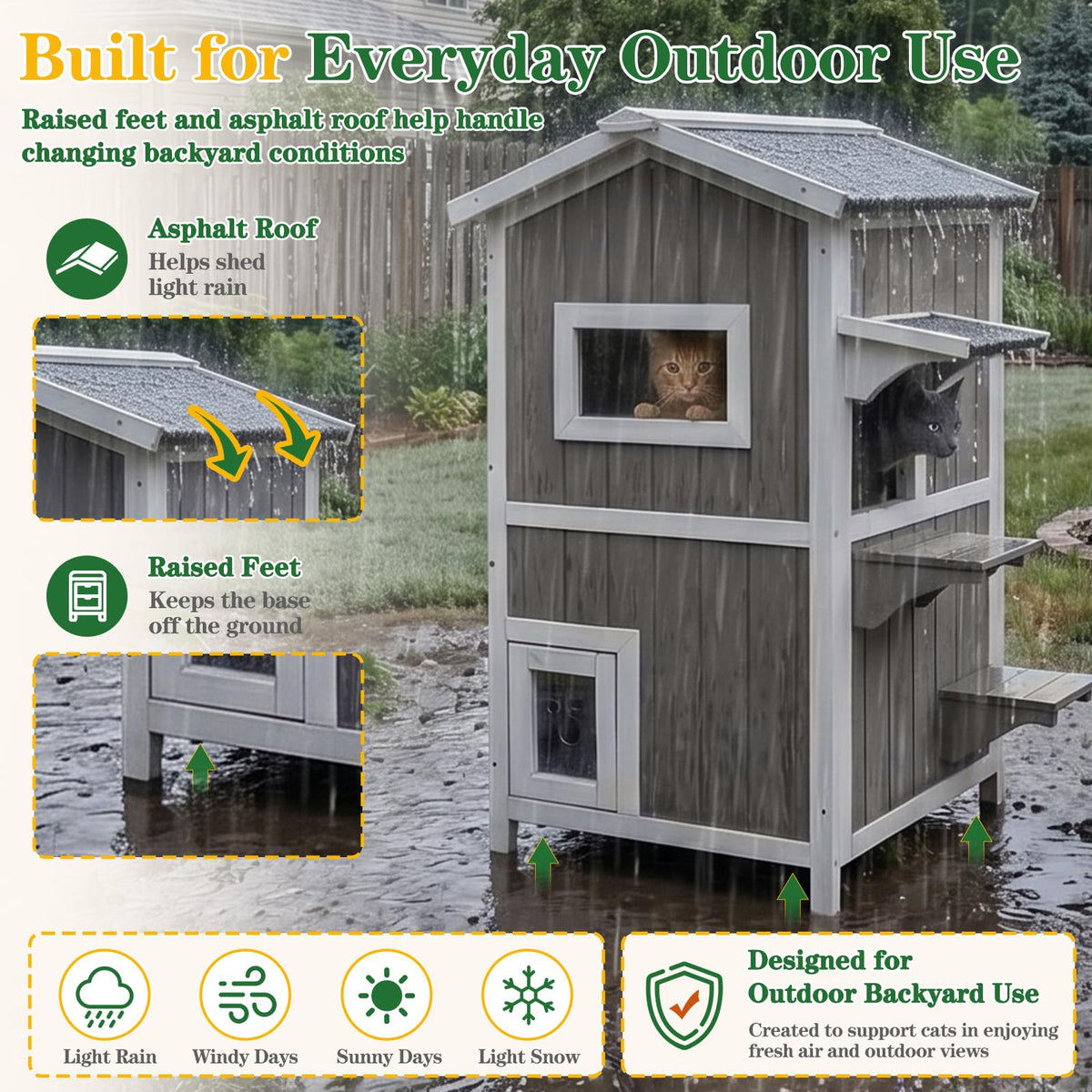 Weatherproof 2-Story Outdoor Cat House with Feeding Station B8580