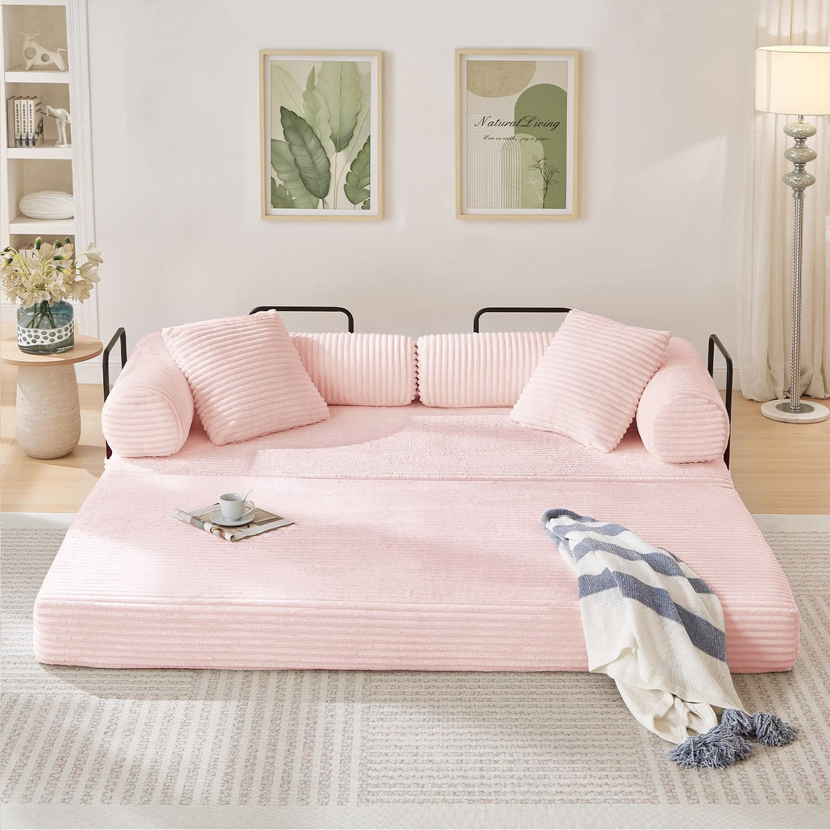 Pink Corduroy Convertible Sleeper Sofa Bed W55831