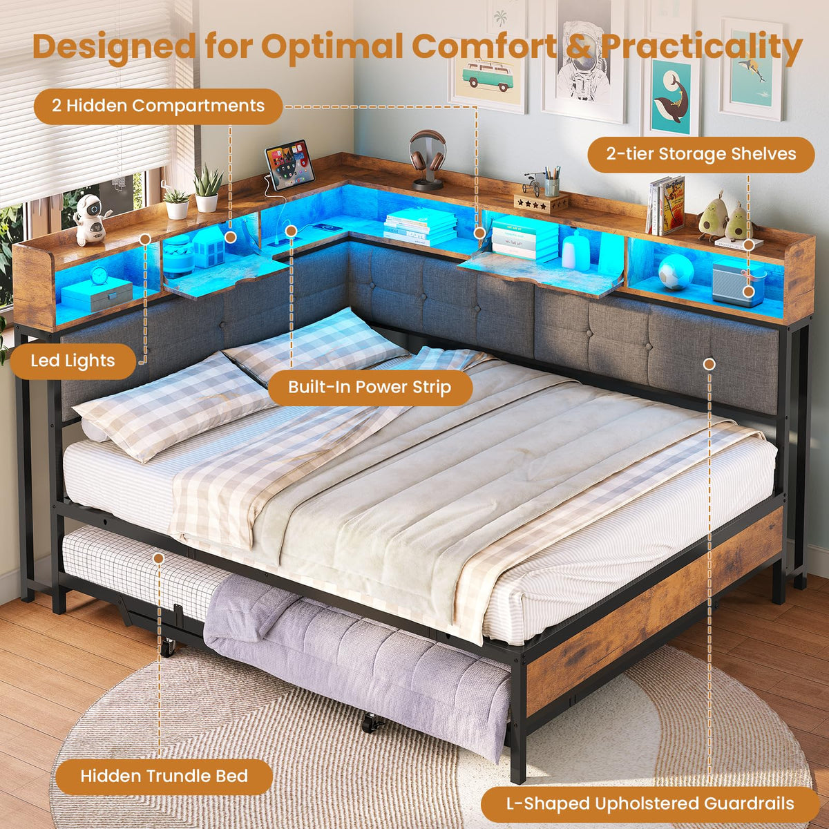 Black Corner Full Bed Frame with Trundle U809