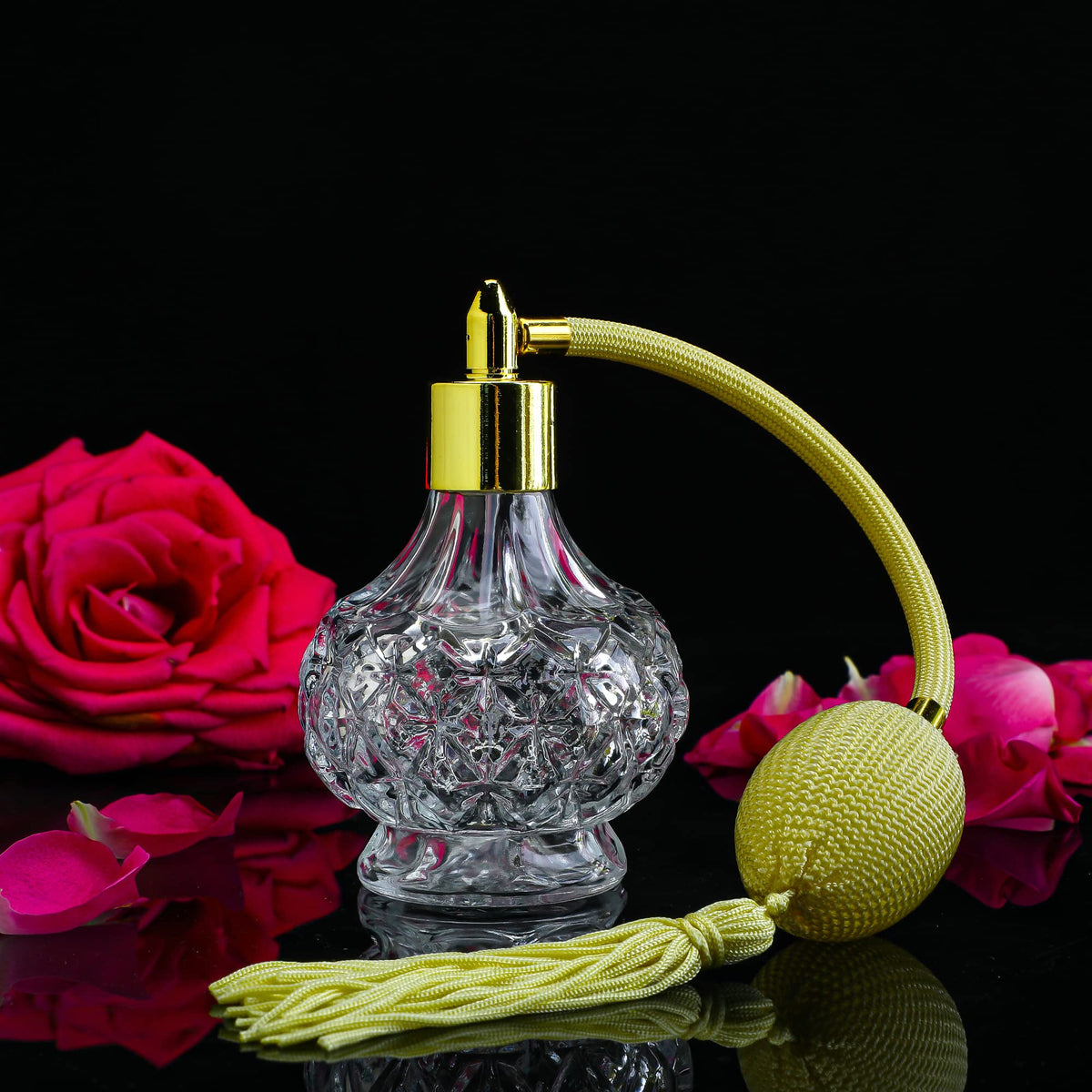 Clear Checked Carved Glass Refillable Perfume Bottle with Spray Atomizer, Pack of 2 N585