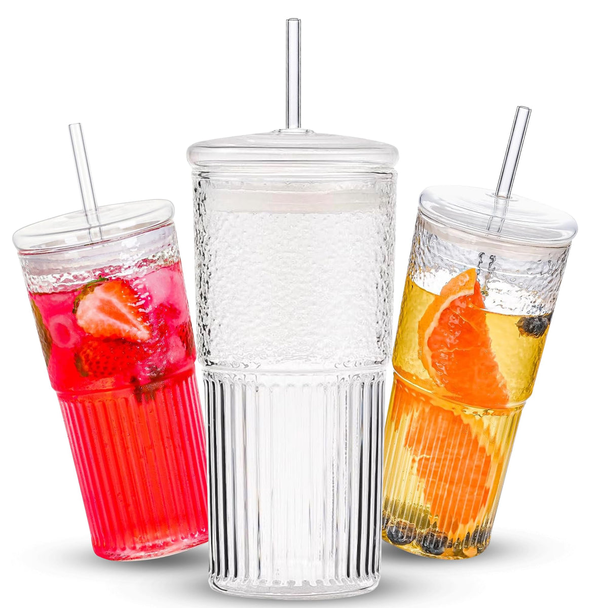 Clear 22 oz Glass Cup with Lid and Straw J52984