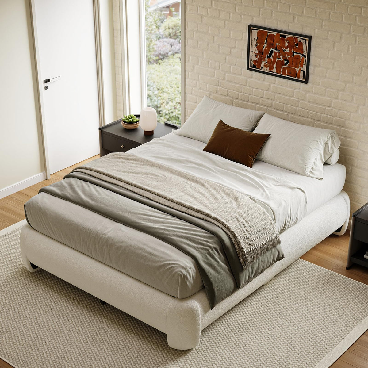 Queen Size White Boucle Upholstered Bed Frame L39311