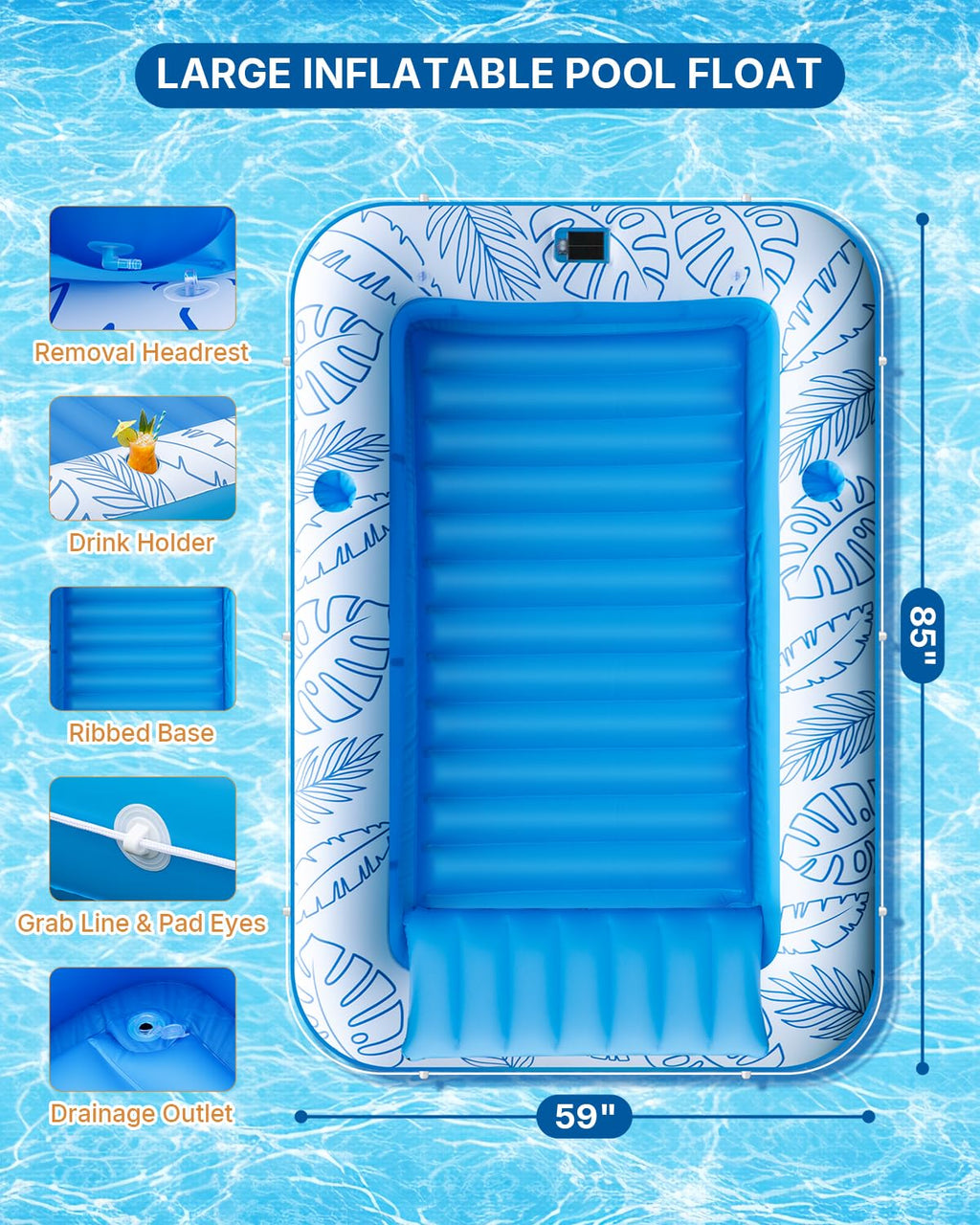 Inflatable Tanning Pool Float with Lights and Pillow J243689