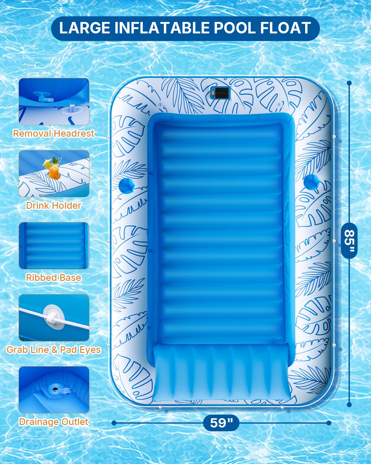 Inflatable Tanning Pool Float with Lights and Pillow J243689