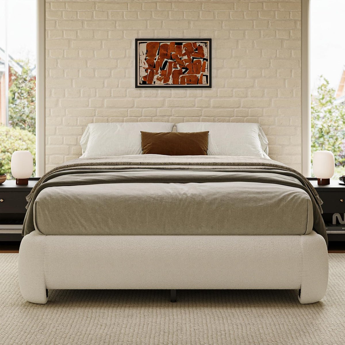 Queen Size White Boucle Upholstered Bed Frame L39311