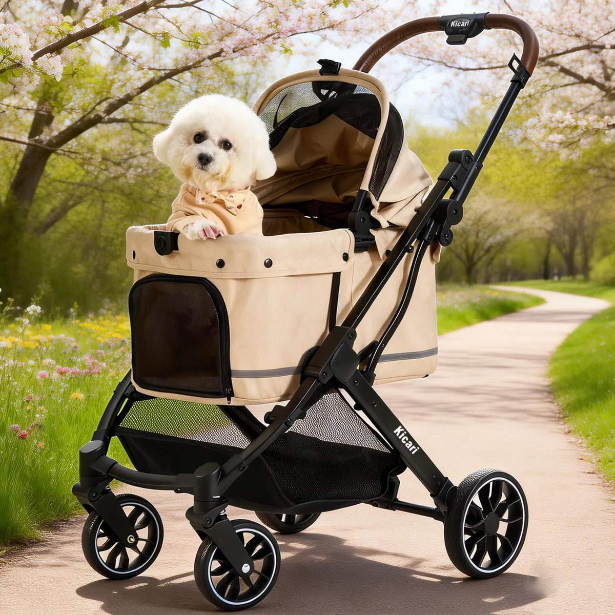 All-Terrain Dog Stroller, One-Hand Fold, Anti-UV Waterproof Canopy, Vanilla Beige E9994