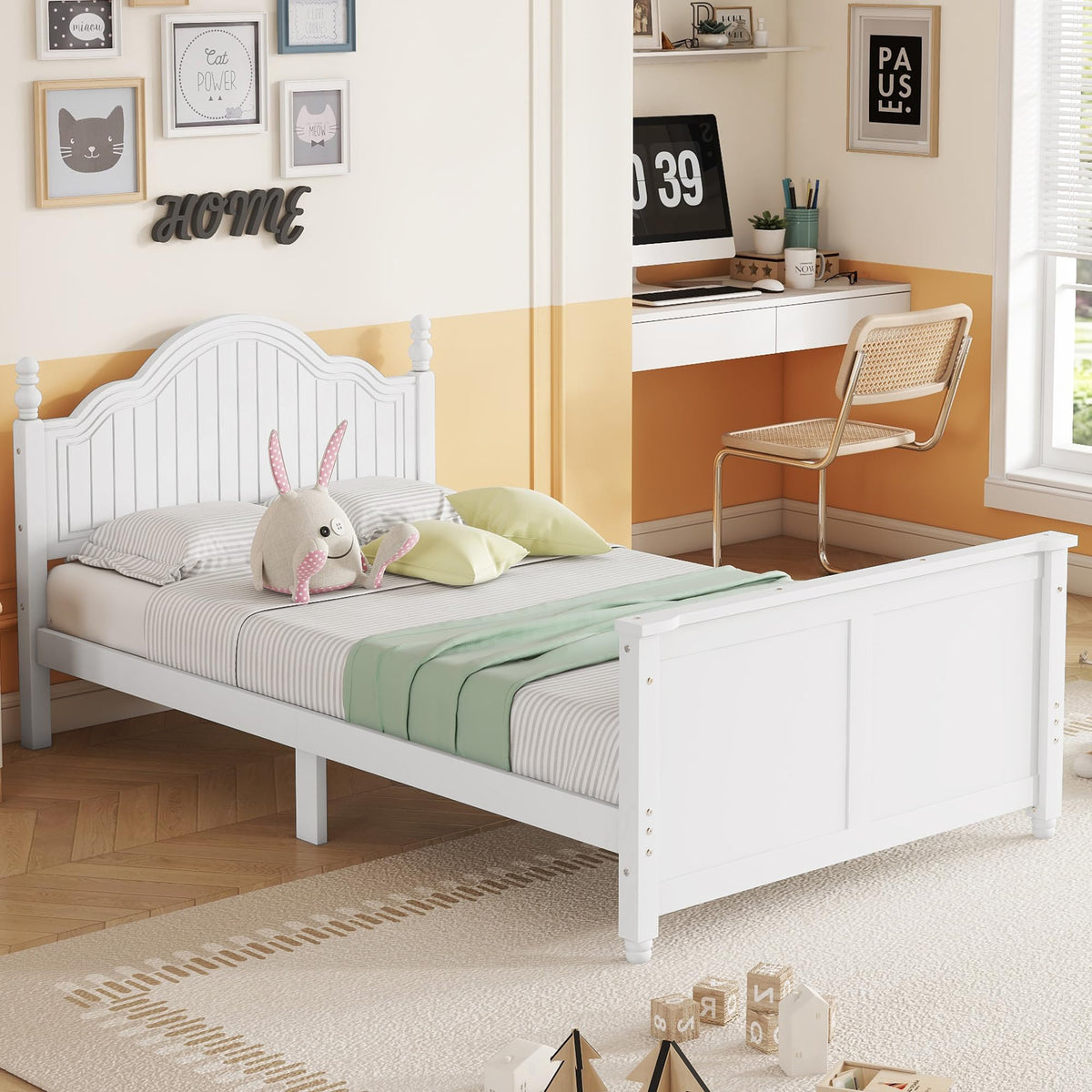 White Twin Bed Frame with Headboard and Rails I450