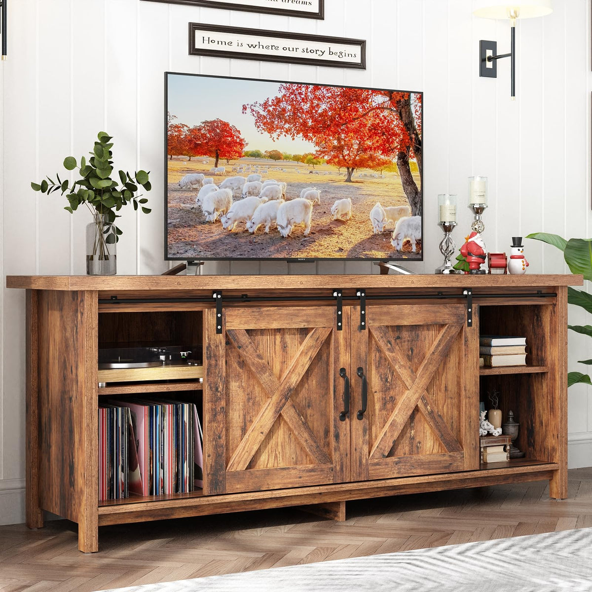 Farmhouse TV Stand with Adjustable Shelves & Sliding Barn Door M532865