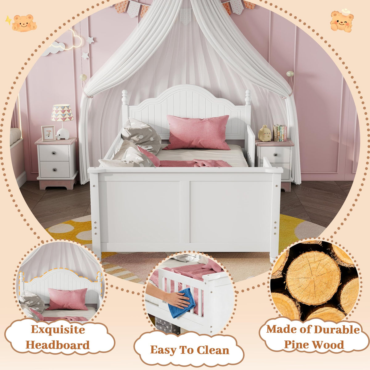 White Twin Bed Frame with Headboard and Rails I450