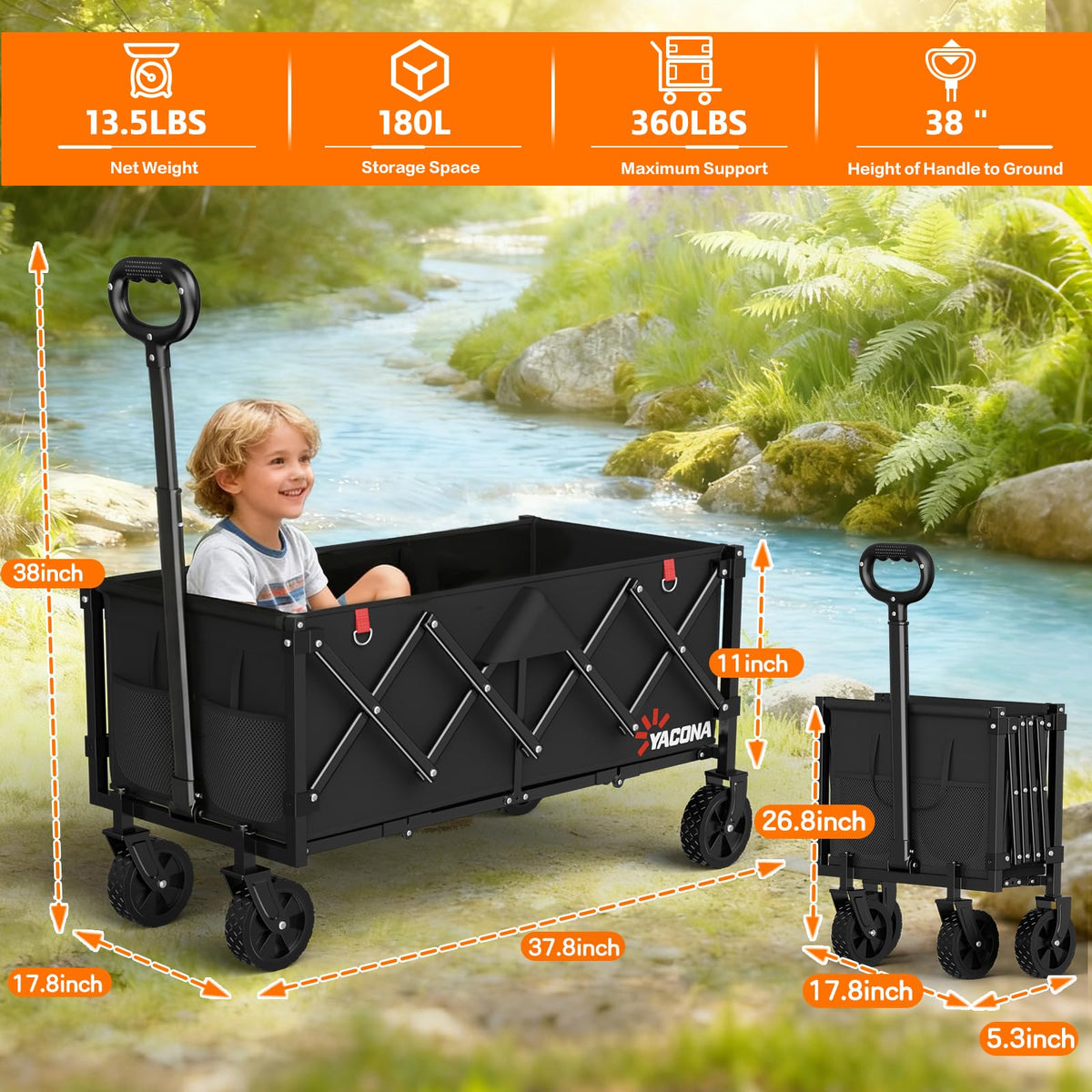 35" Extra Long Foldable Wagon Cart with Wheels F10541