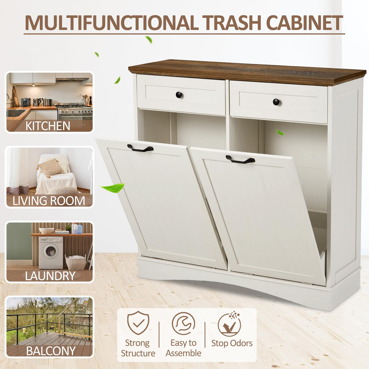 Antique White 2x13 Gallons Trash Can Cabinet H933