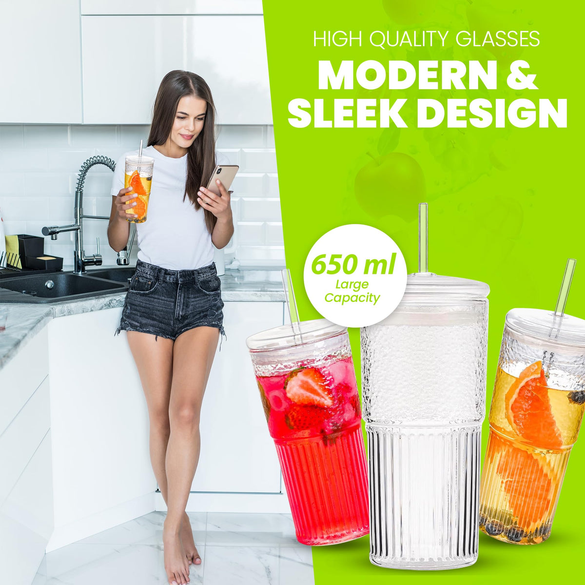 Clear 22 oz Glass Cup with Lid and Straw J52984