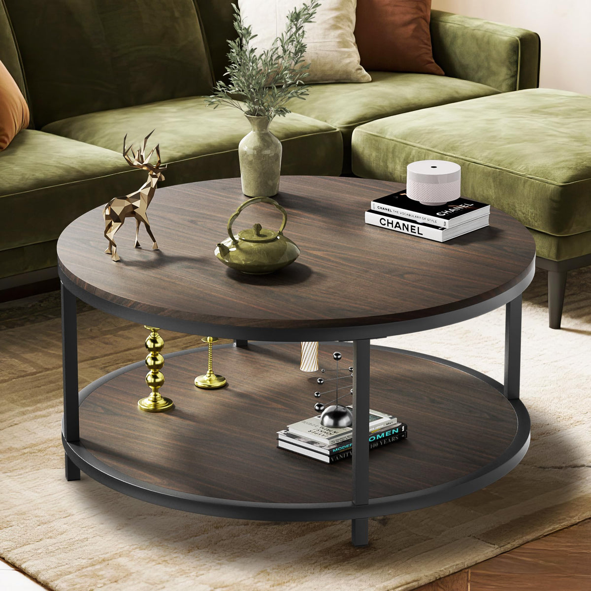 36" Round 2-Tier Coffee Table with Storage Shelf, Black Walnut F95421