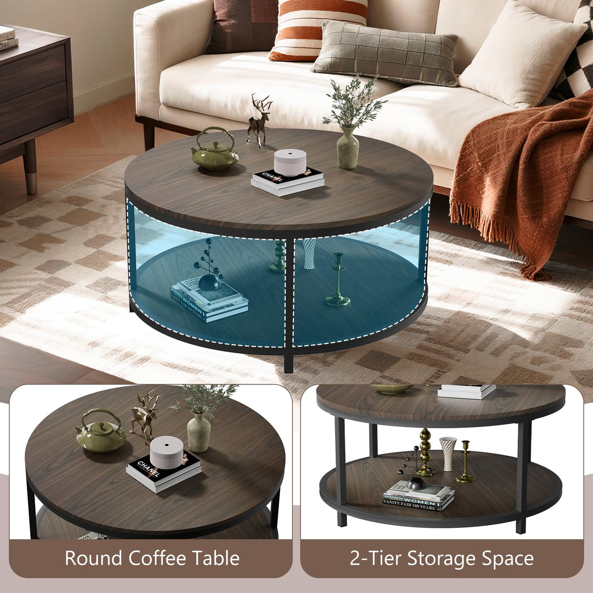 36" Round 2-Tier Coffee Table with Storage Shelf, Black Walnut F95421