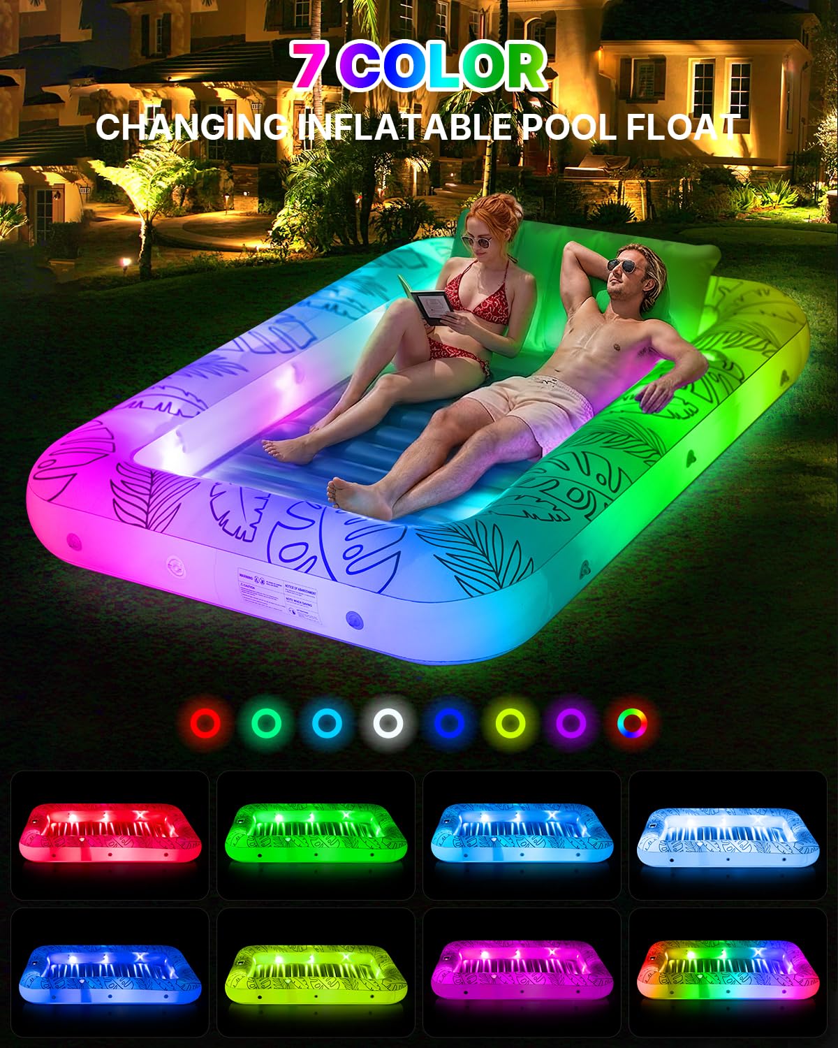 Inflatable Tanning Pool Float with Lights and Pillow J243689