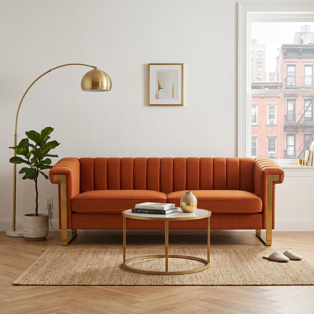 Orange Velvet 3 Seater Sofa with Gold Metal Legs P184203