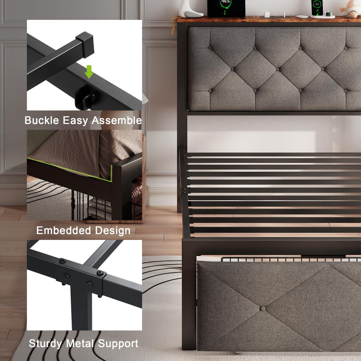 Twin Metal Platform Bed Frame with Storage Drawers and Headboard M9817