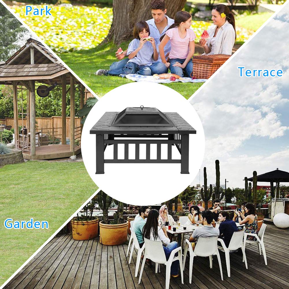32" Square Metal Wood Burning Fire Pit with Poker and Mesh Lid S1102