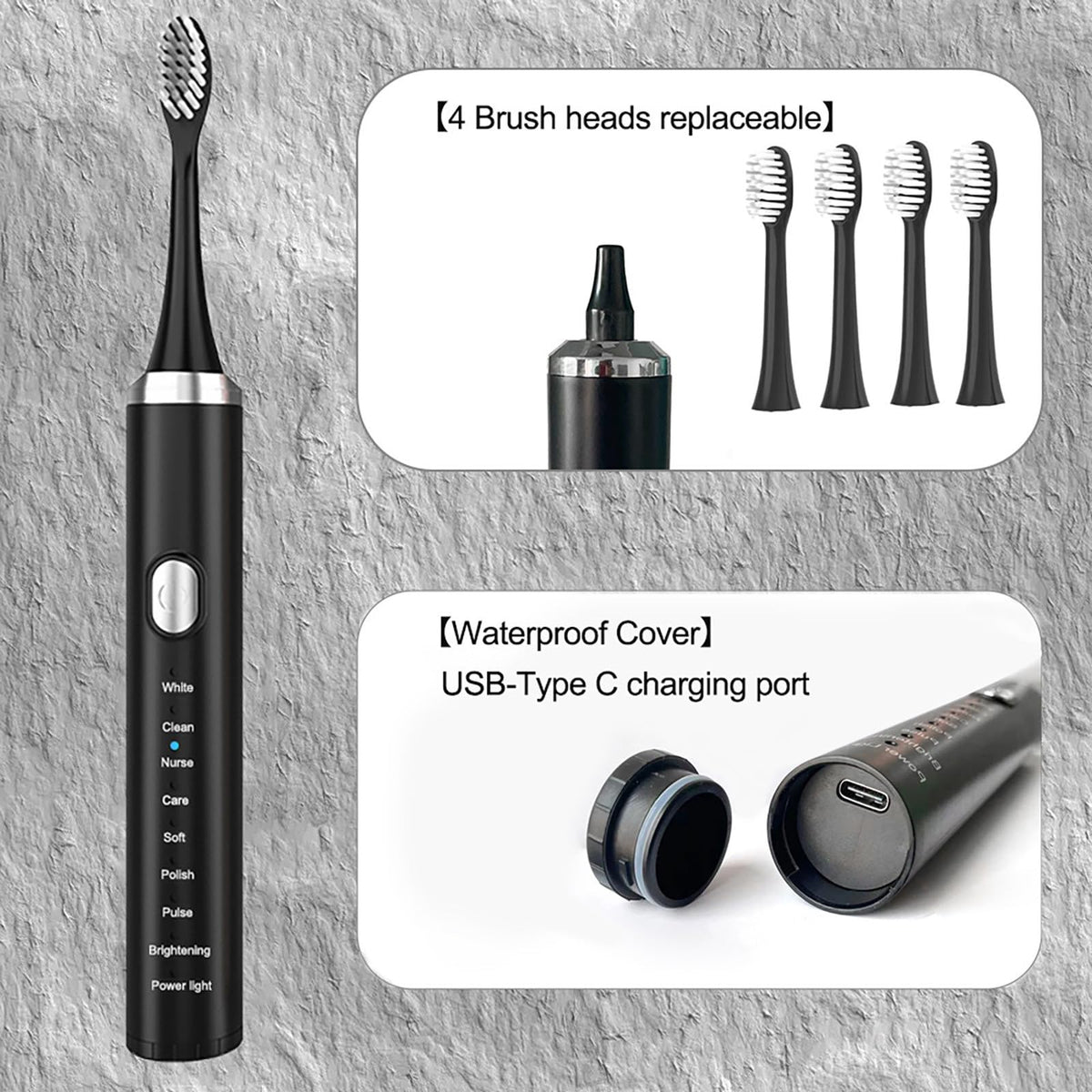 Rechargeable Electric Toothbrush with 4 Replacement Heads I372