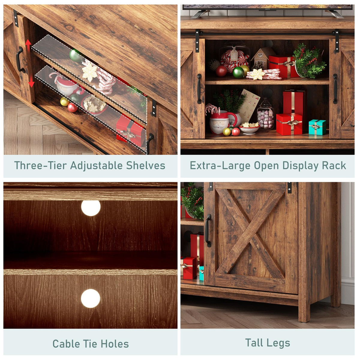 Farmhouse TV Stand with Adjustable Shelves & Sliding Barn Door M532865