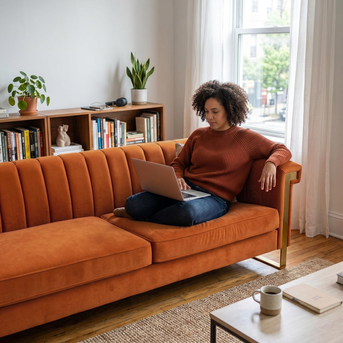 Orange Velvet 3 Seater Sofa with Gold Metal Legs P184203
