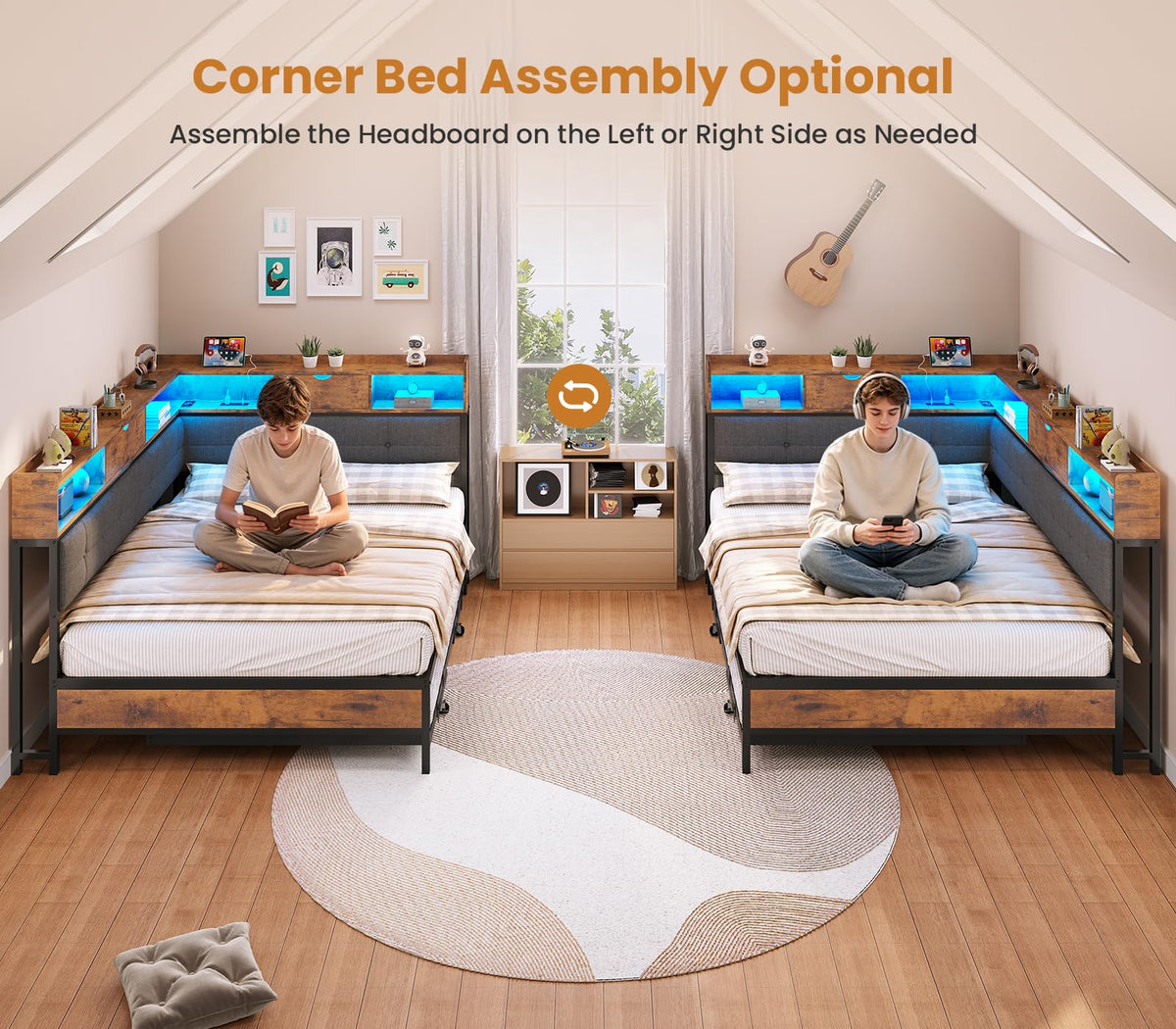 Black Corner Full Bed Frame with Trundle U809