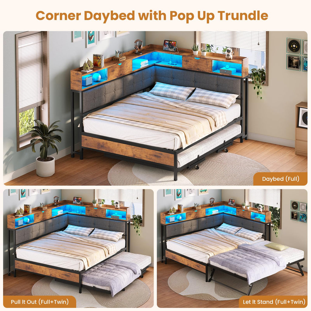 Black Corner Full Bed Frame with Trundle U809