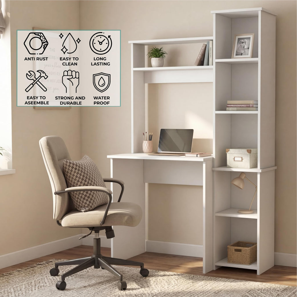 White Small Desk with Hutch and Bookshelf U9418