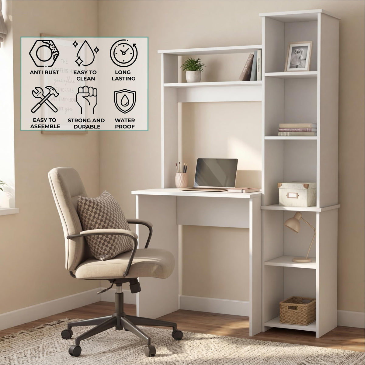 White Small Desk with Hutch and Bookshelf U9418