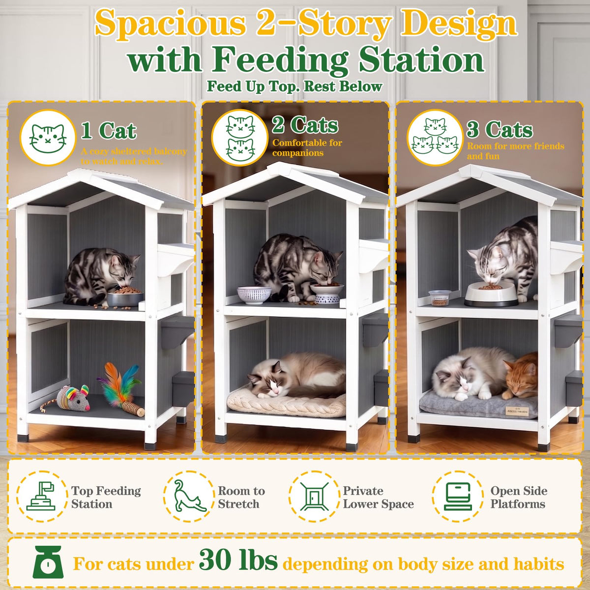Weatherproof 2-Story Outdoor Cat House with Feeding Station B8580