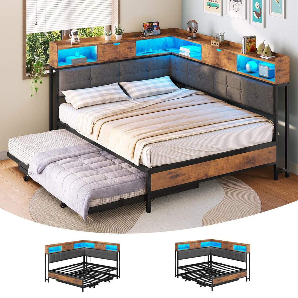 Black Corner Full Bed Frame with Trundle U809