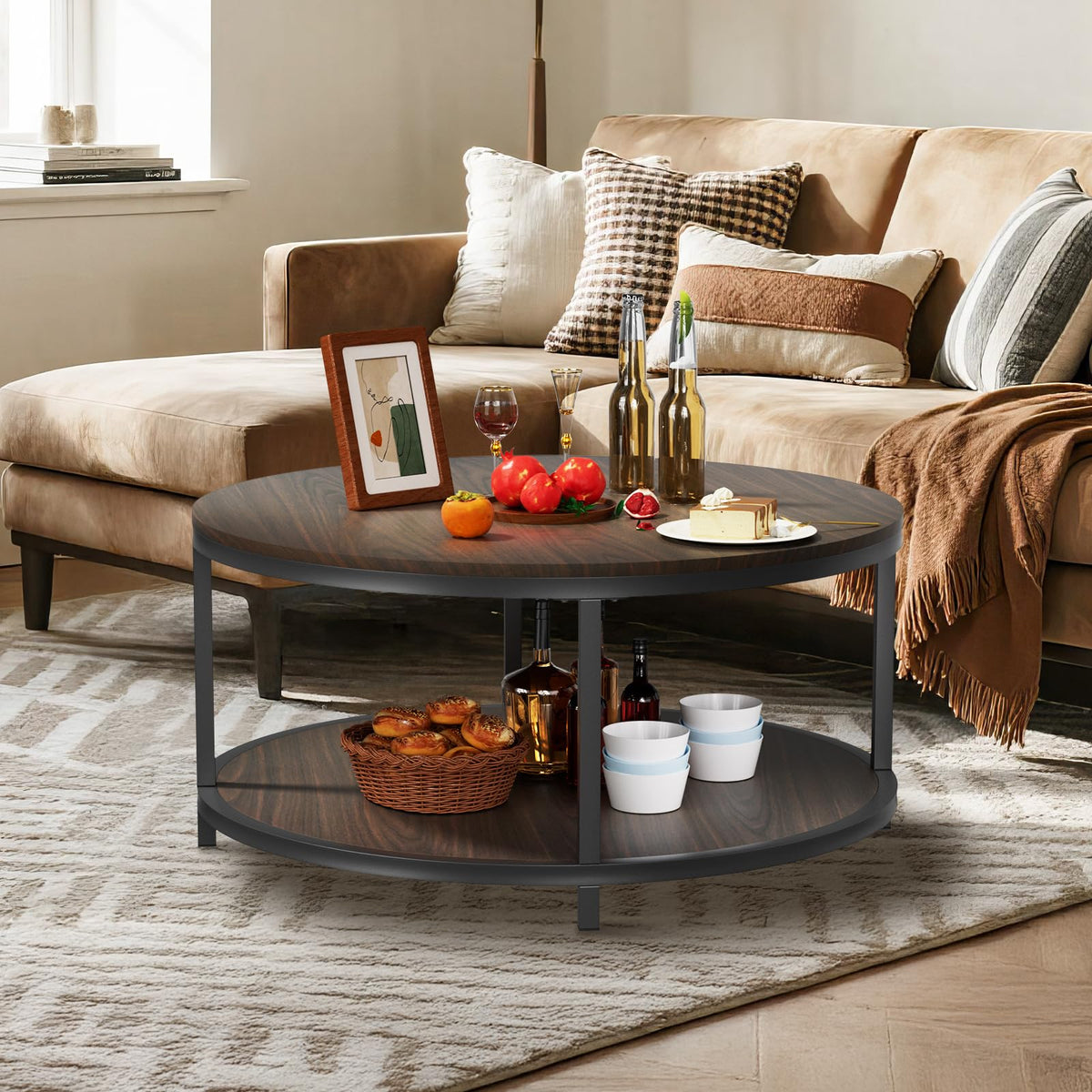 36" Round 2-Tier Coffee Table with Storage Shelf, Black Walnut F95421