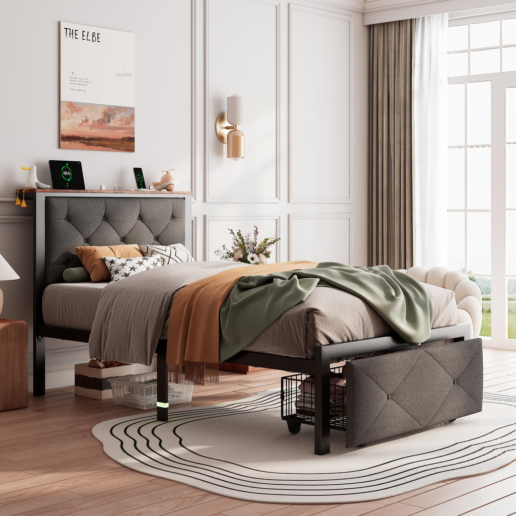 Twin Metal Platform Bed Frame with Storage Drawers and Headboard M9817