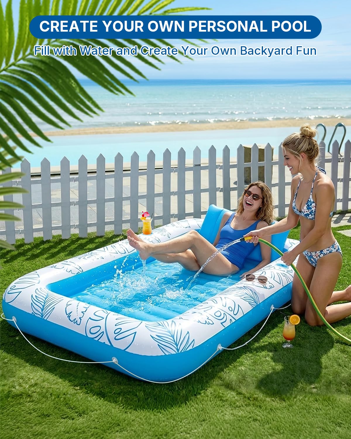 Inflatable Tanning Pool Float with Lights and Pillow J243689
