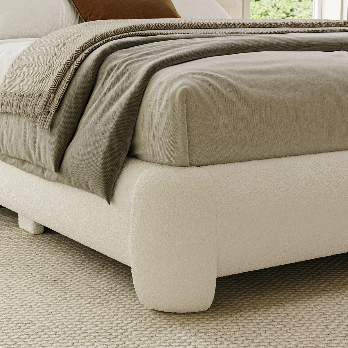 Queen Size White Boucle Upholstered Bed Frame L39311