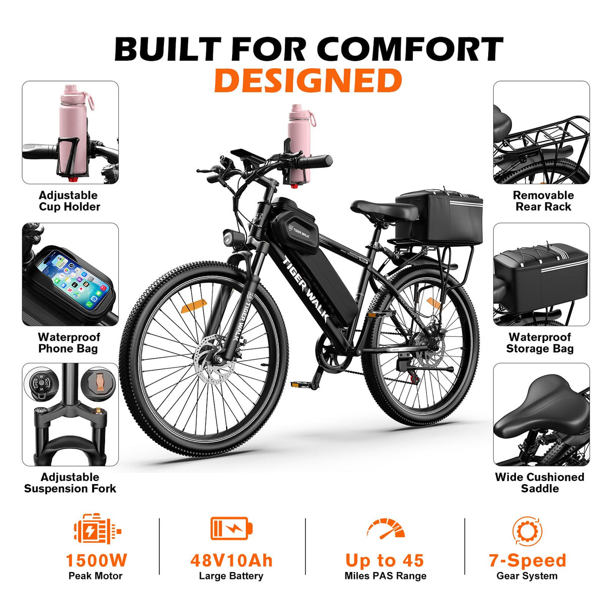 26" All-Terrain Electric Bike, 48V 10Ah Removable Battery, 7-Speed G645675