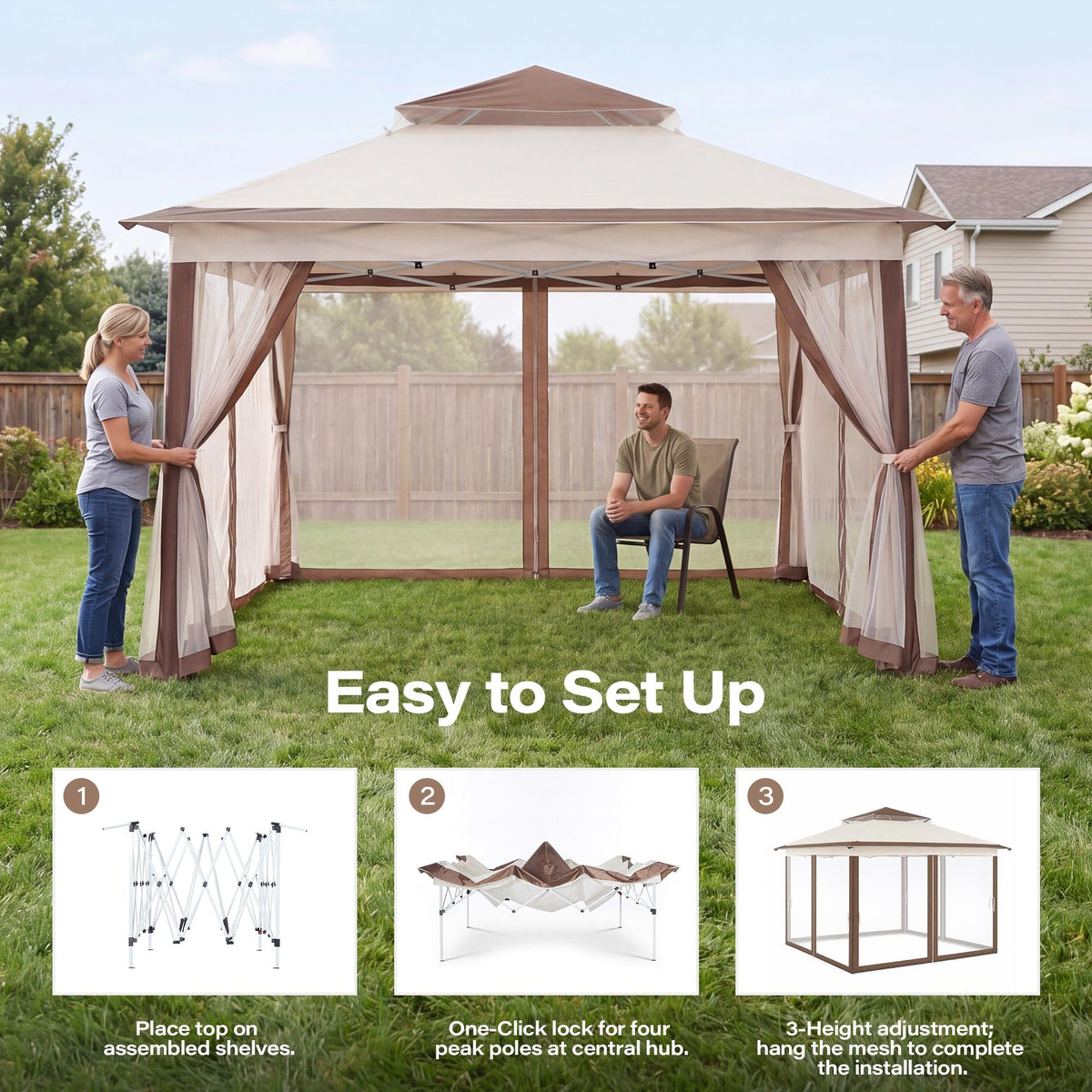 12x12 Pop Up Gazebo Canopy Tent with Mosquito Netting, Khaki J175