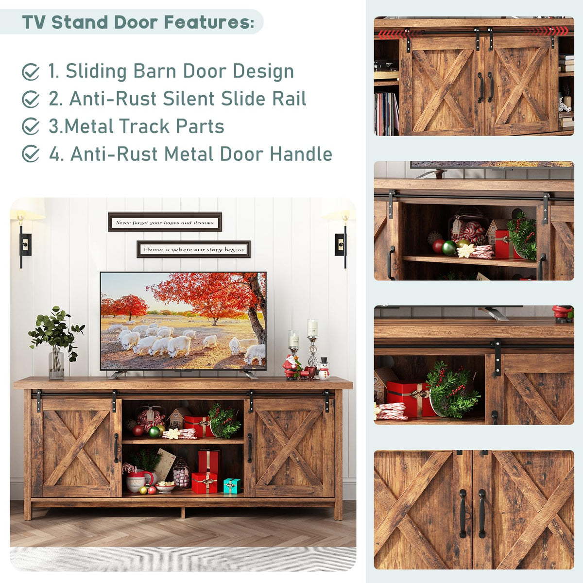 Farmhouse TV Stand with Adjustable Shelves & Sliding Barn Door M532865