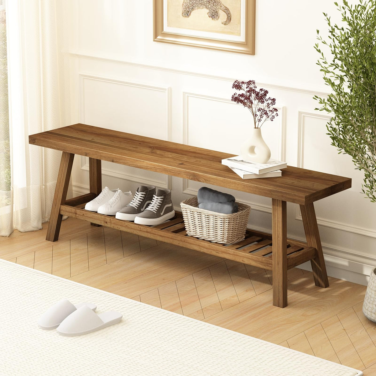 Solid Wood Bench with Storage Shelf M1861