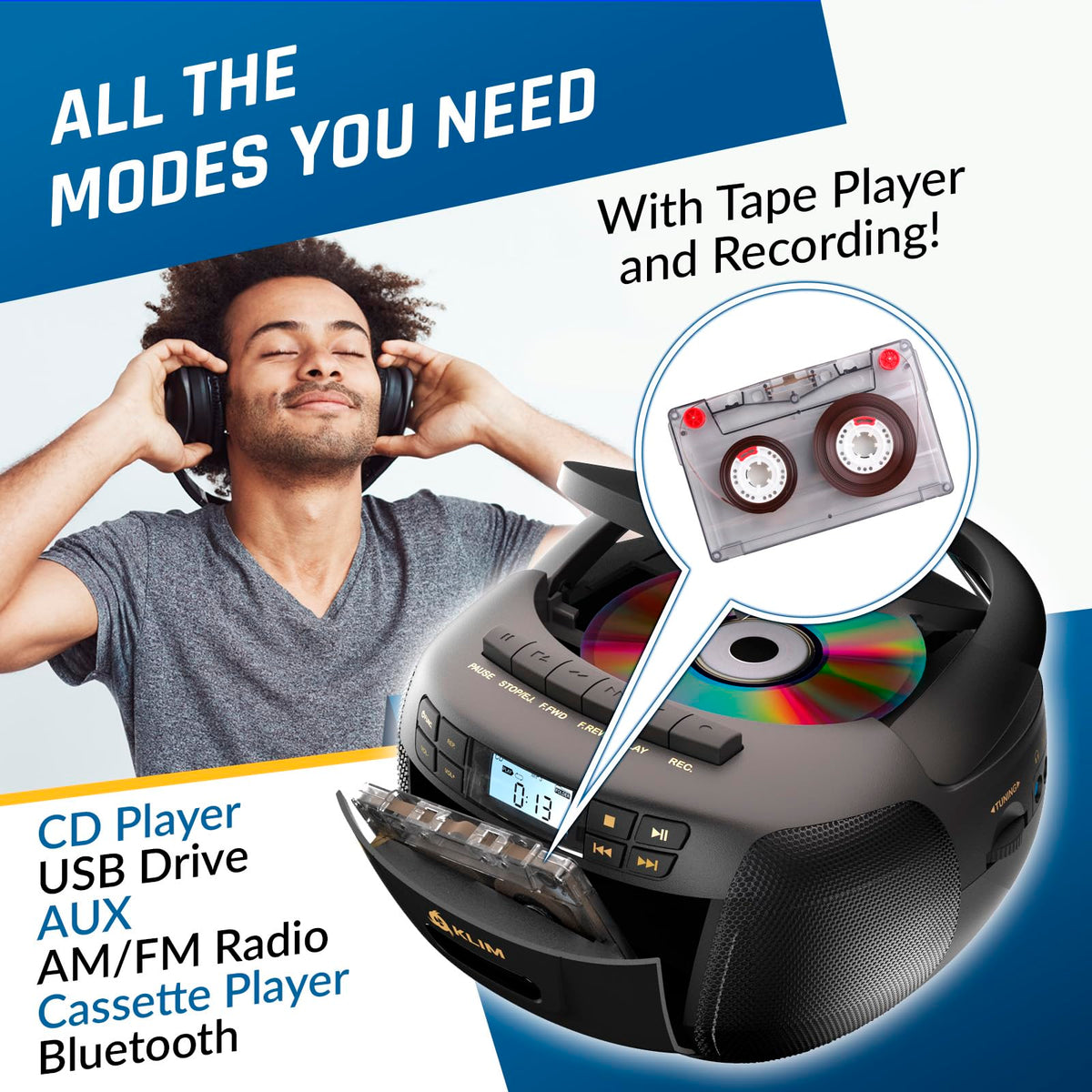 Black CD Cassette Player Boombox with Bluetooth and AM FM Radio W3939