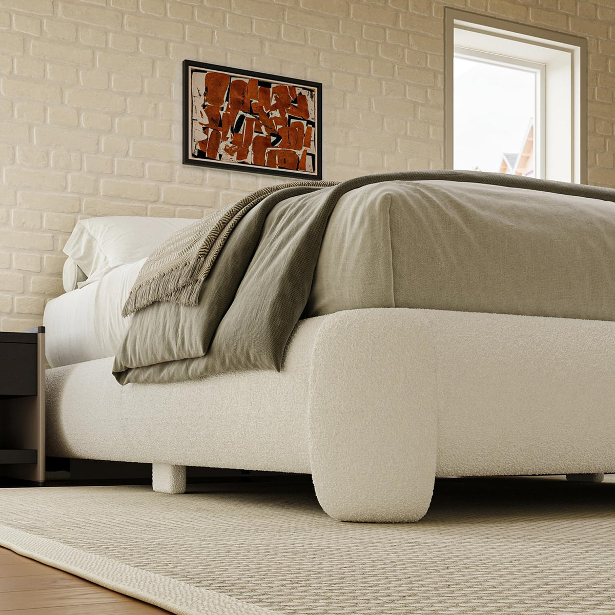 Queen Size White Boucle Upholstered Bed Frame L39311