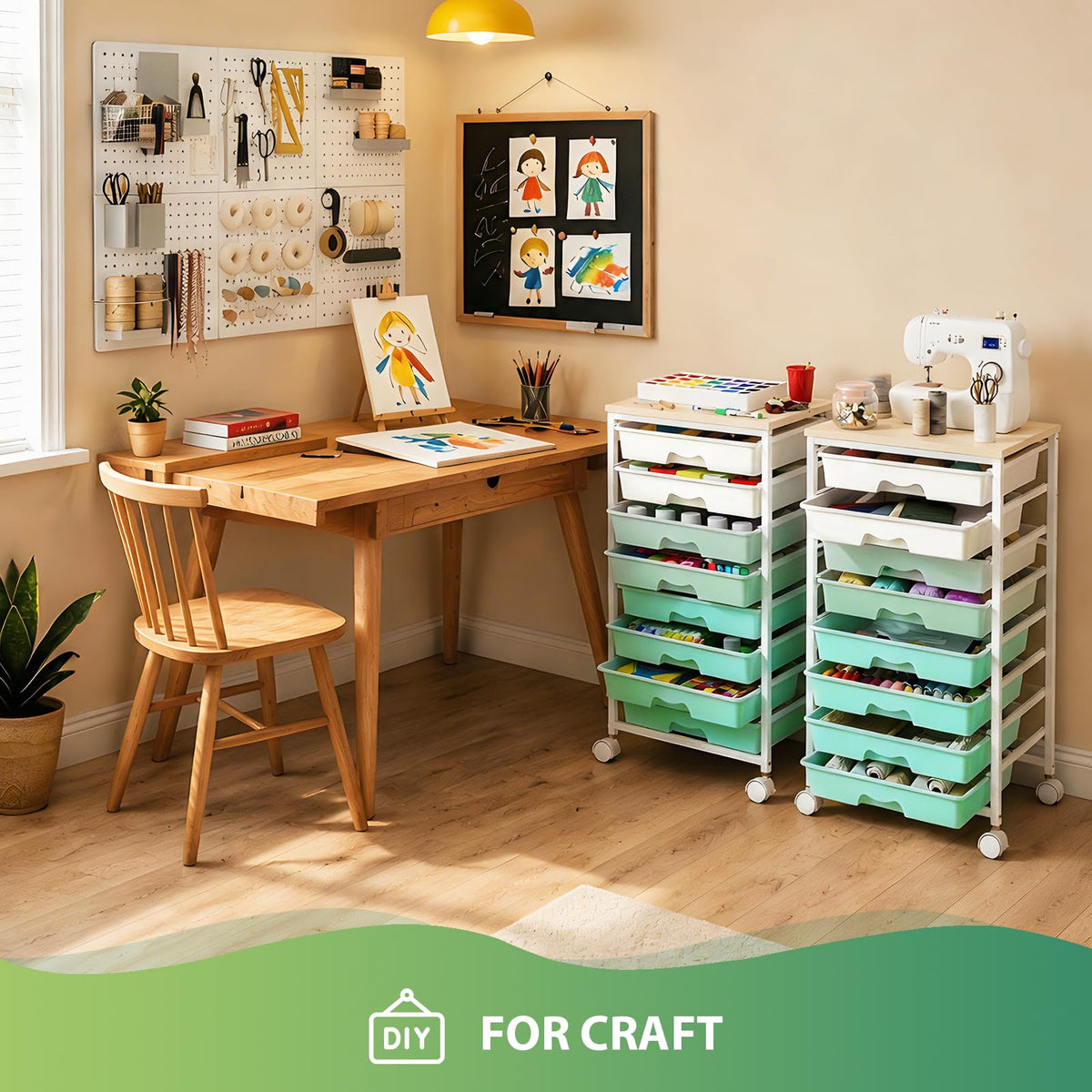 Green Rolling Cart with 8 Drawers B3458