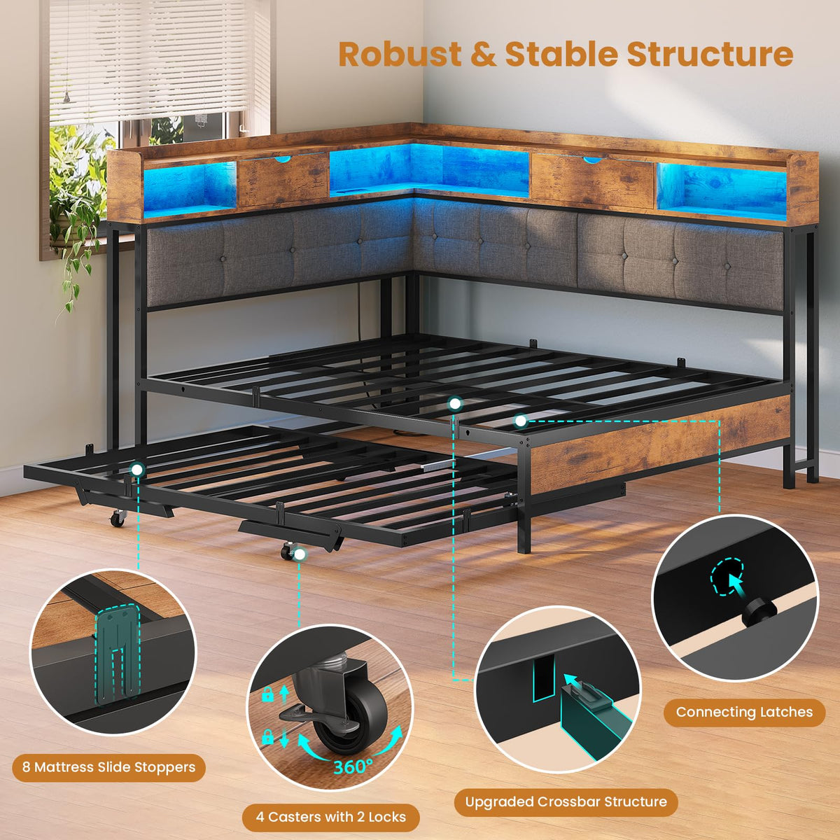 Black Corner Full Bed Frame with Trundle U809