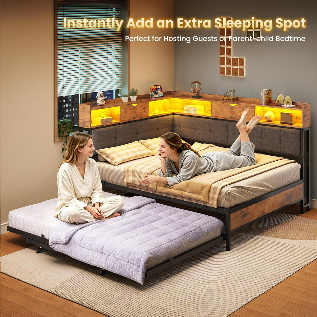 Black Corner Full Bed Frame with Trundle U809