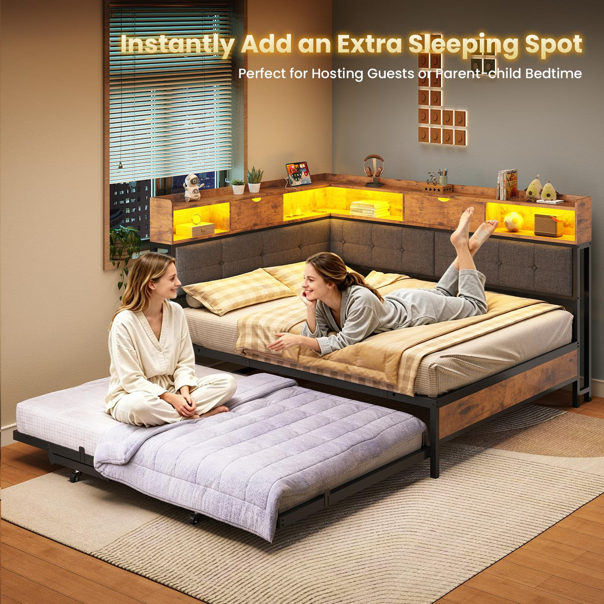 Black Corner Full Bed Frame with Trundle U809