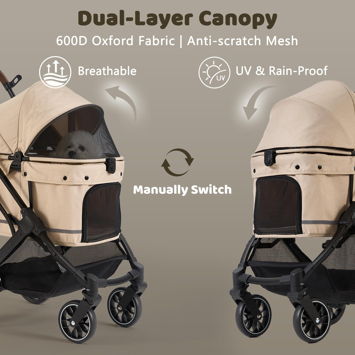 All-Terrain Dog Stroller, One-Hand Fold, Anti-UV Waterproof Canopy, Vanilla Beige E9994
