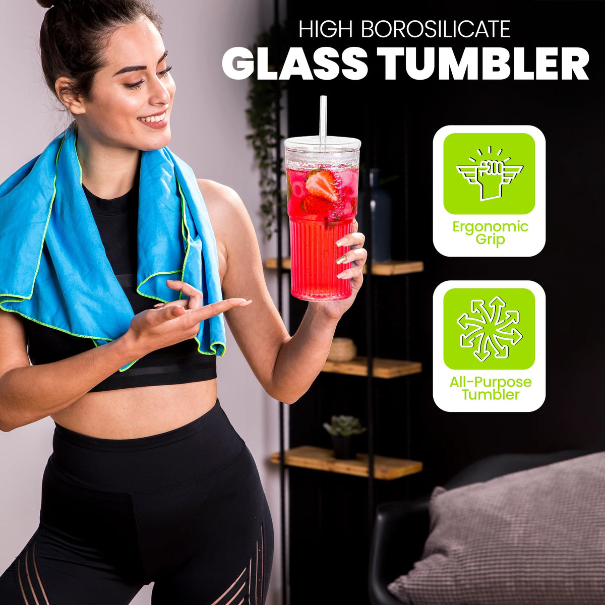 Clear 22 oz Glass Cup with Lid and Straw J52984