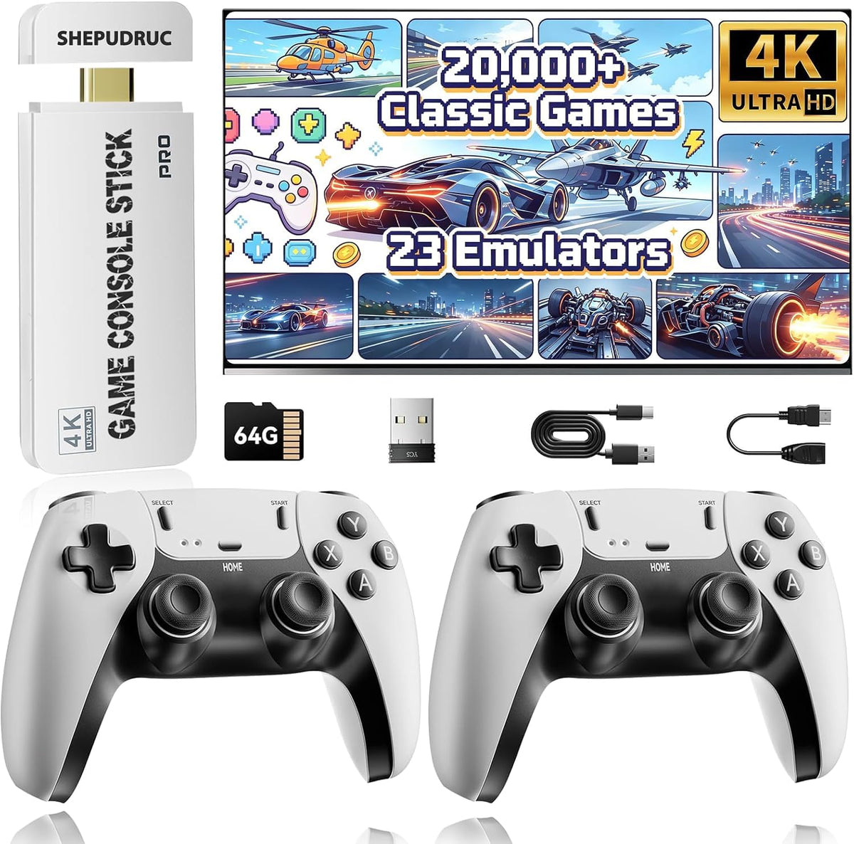Wireless Retro Gaming Console Stick, 23 Built-In Emulators, 20,000+ Games, 4K HDMI Output, Dual 2.4G Wireless Controllers, 64GB F796326