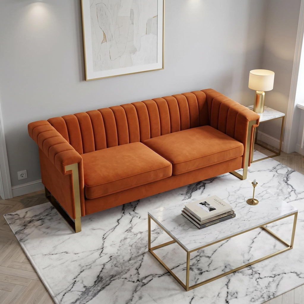 Orange Velvet 3 Seater Sofa with Gold Metal Legs P184203