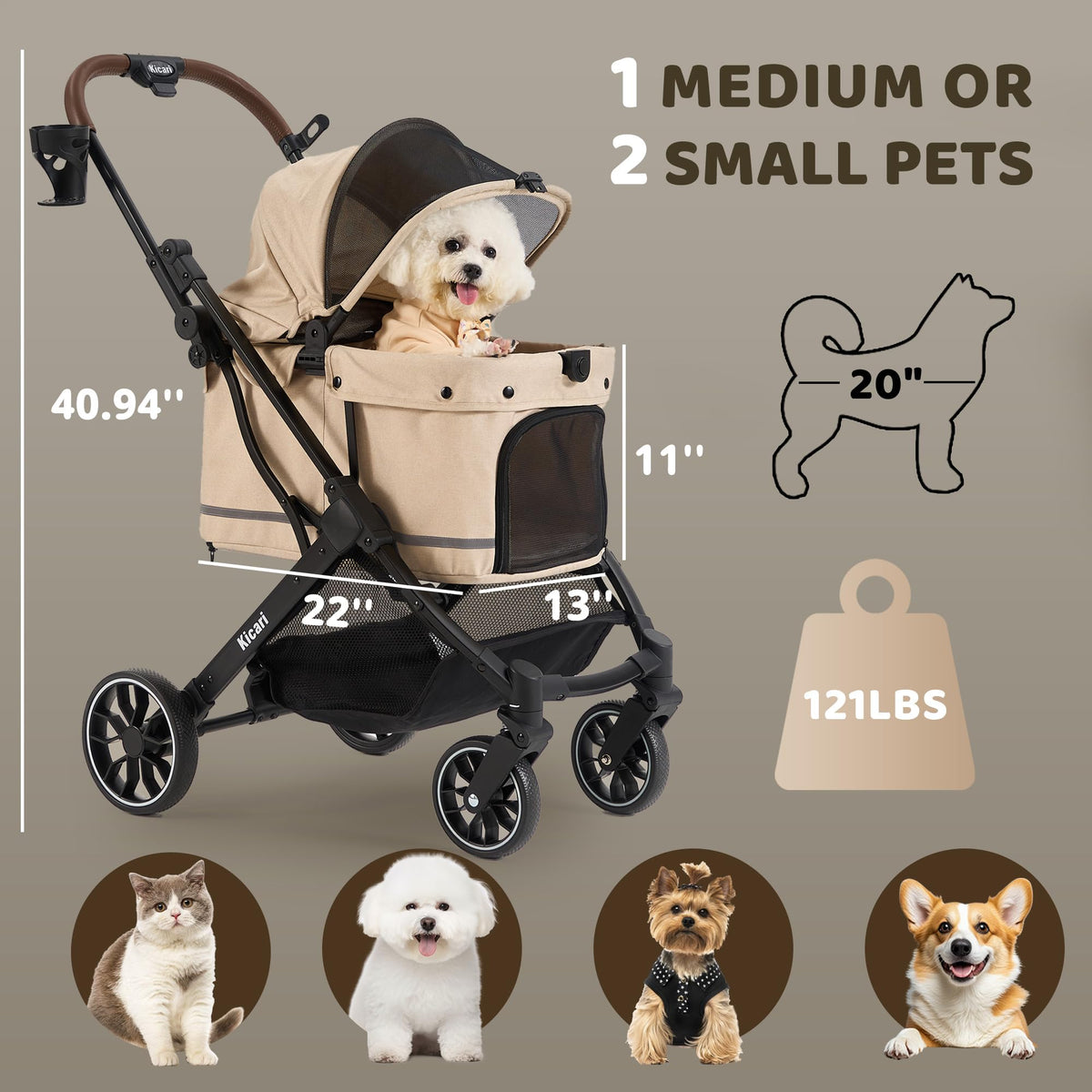 All-Terrain Dog Stroller, One-Hand Fold, Anti-UV Waterproof Canopy, Vanilla Beige E9994